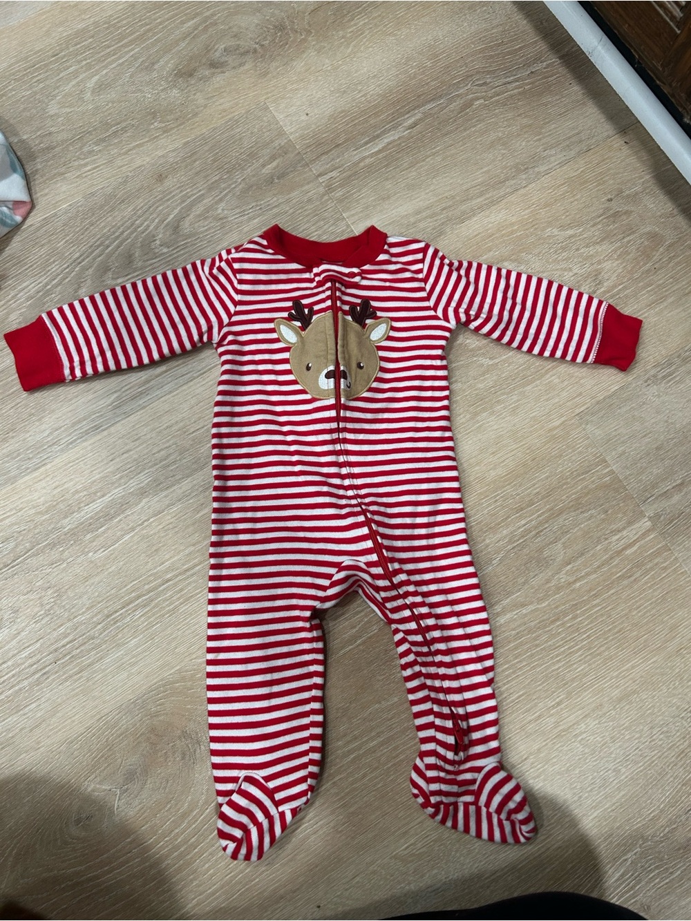 Carter's Red & White Striped Reindeer Footed Pajamas & reindeer onesie